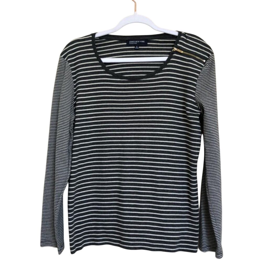 Jones NY Signature Top Women's Crew Neck XL Gray/White Striped Long Sleeve